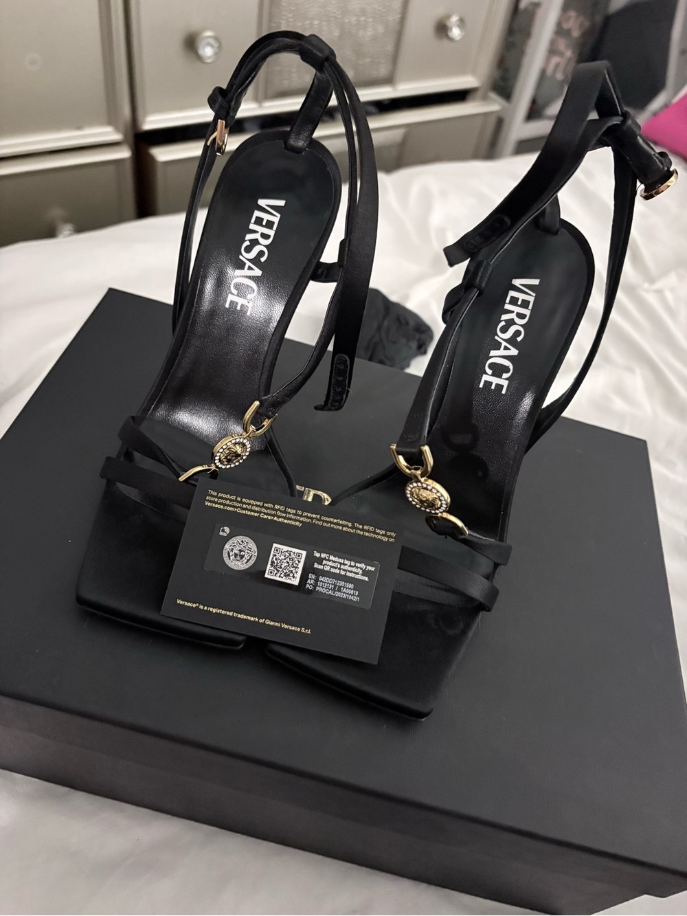 Versace Black Leather Women's Strappy Heel Bag with Gold Medallion